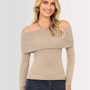 PrettyGarden Elegant Off-Shoulder Tan Sweater